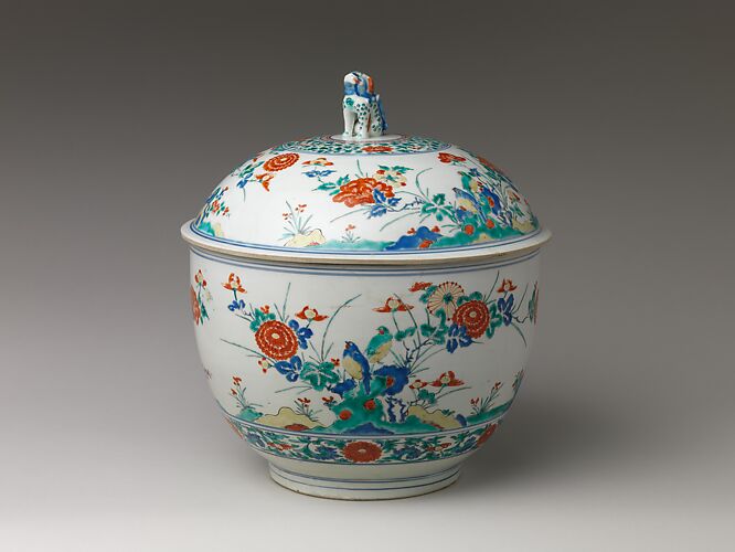 Tureen with rocks, flowers, and birds