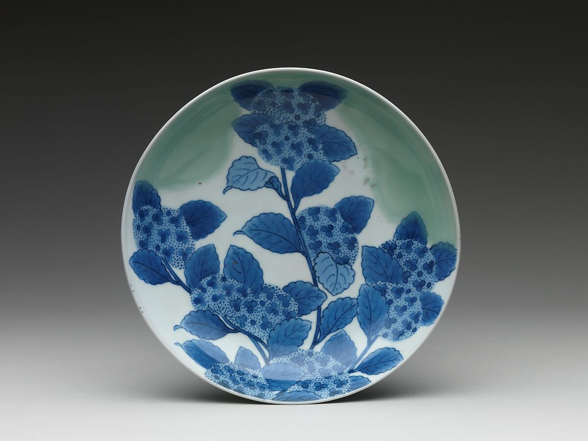 Dish with Hydrangeas, Porcelain with celadon glaze and underglaze blue decoration (Hizen ware, Nabeshima type), Japan 