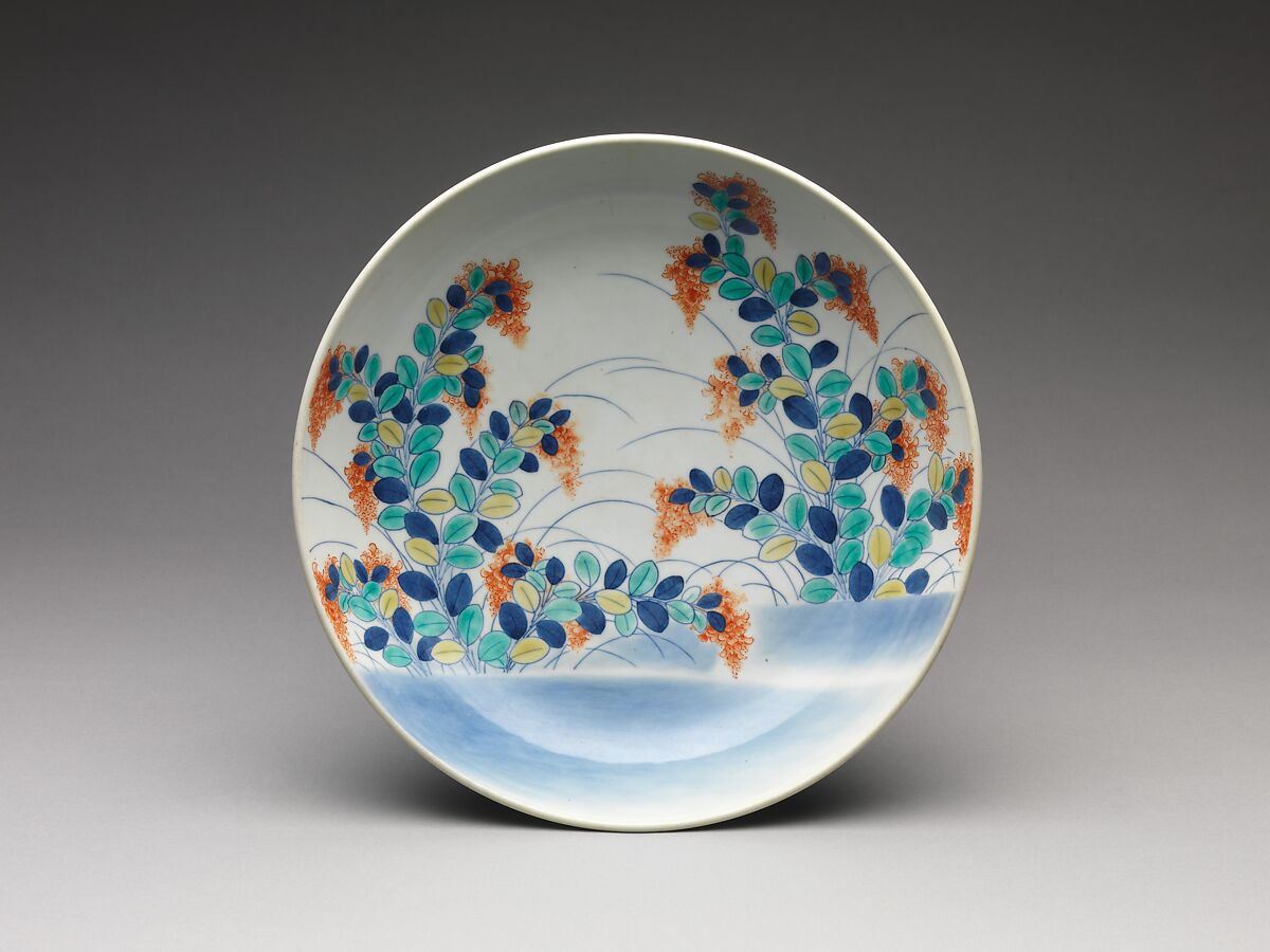 Dish with Bush Clover Design, Porcelain painted with overglaze enamels (Hizen ware, Nabeshima type), Japan 