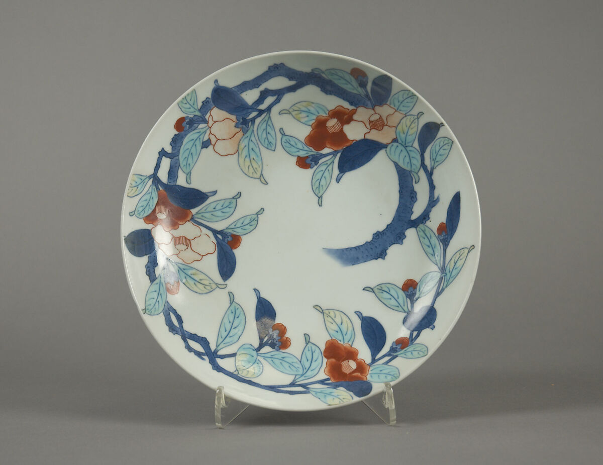 Dish with Camellia Design, Porcelain with overglaze enamels (Hizen ware, Nabeshima type), Japan 