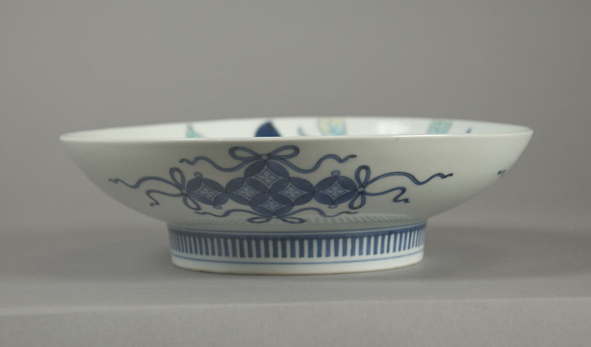 Dish with Camellia Branch, Porcelain with cobalt blue under transparent glaze and polychrome enamels over the glaze (Hizen ware, Nabeshima type), Japan