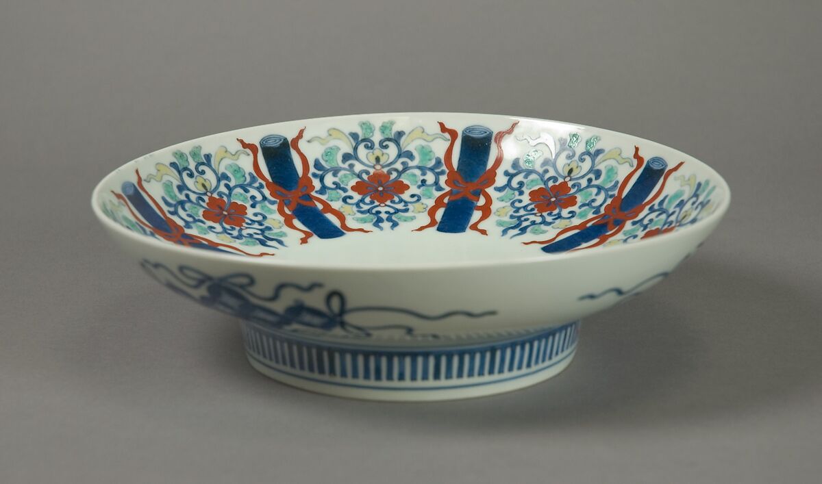 Dish with Stylized Scrolls and Flowers, Porcelain with cobalt blue under transparent glaze and polychrome enamels over the glaze (Hizen ware, Nabeshima type), Japan