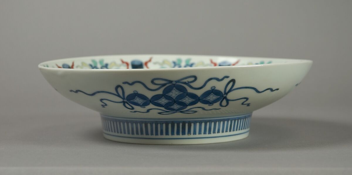 Dish with Stylized Scrolls and Flowers, Porcelain with cobalt blue under transparent glaze and polychrome enamels over the glaze (Hizen ware, Nabeshima type), Japan