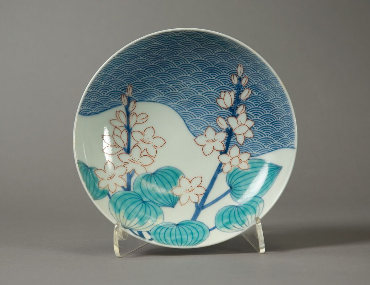 Dish with Design of Waves and Water Plants, Porcelain with underglaze blue decoration and overglaze enamels (Hizen ware, Nabeshima type), Japan 