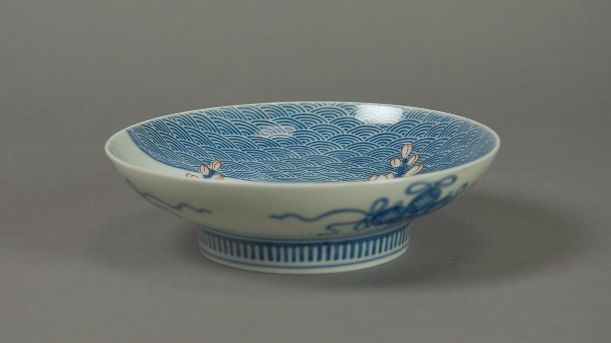 Dish with Design of Waves and Water Plants, Porcelain with underglaze blue decoration and overglaze enamels (Hizen ware, Nabeshima type), Japan