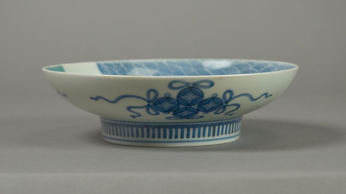 Dish with Design of Waves and Water Plants, Porcelain with underglaze blue decoration and overglaze enamels (Hizen ware, Nabeshima type), Japan