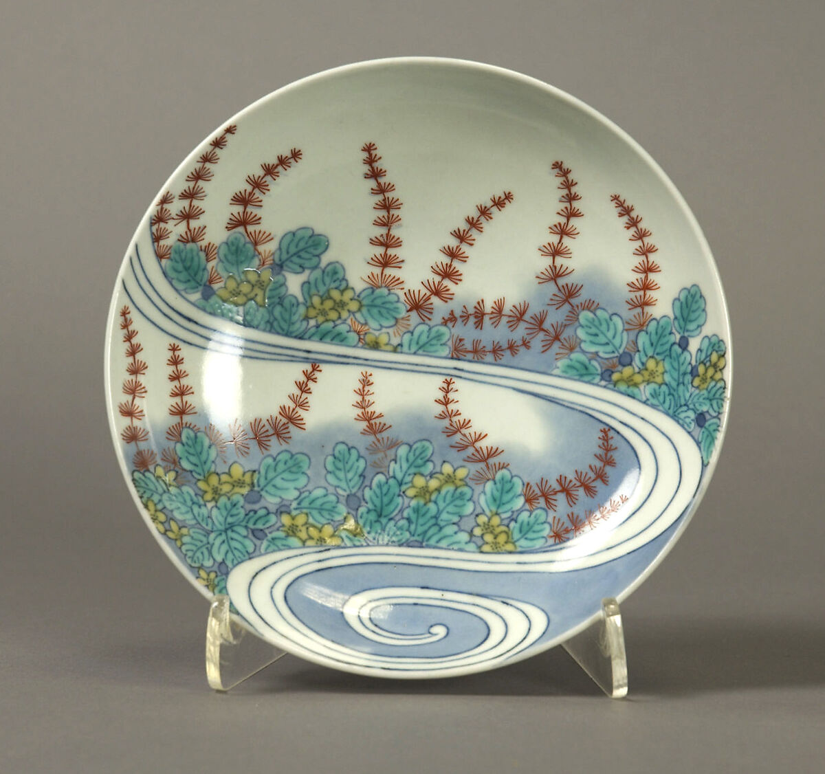 Dish with Design of Water Plants, Porcelain with underglaze blue and overglaze enamels (Hizen ware, Nabeshima type), Japan 