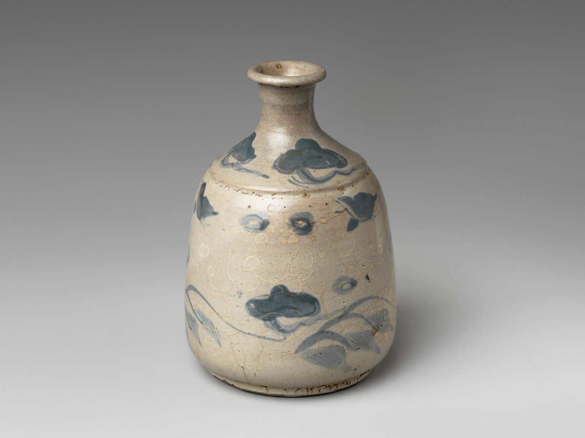 Sake Bottle (Tokkuri) with Auspicious Patterns, Porcelain with cobalt blue under transparent glaze (Hizen ware, Arita type), Japan