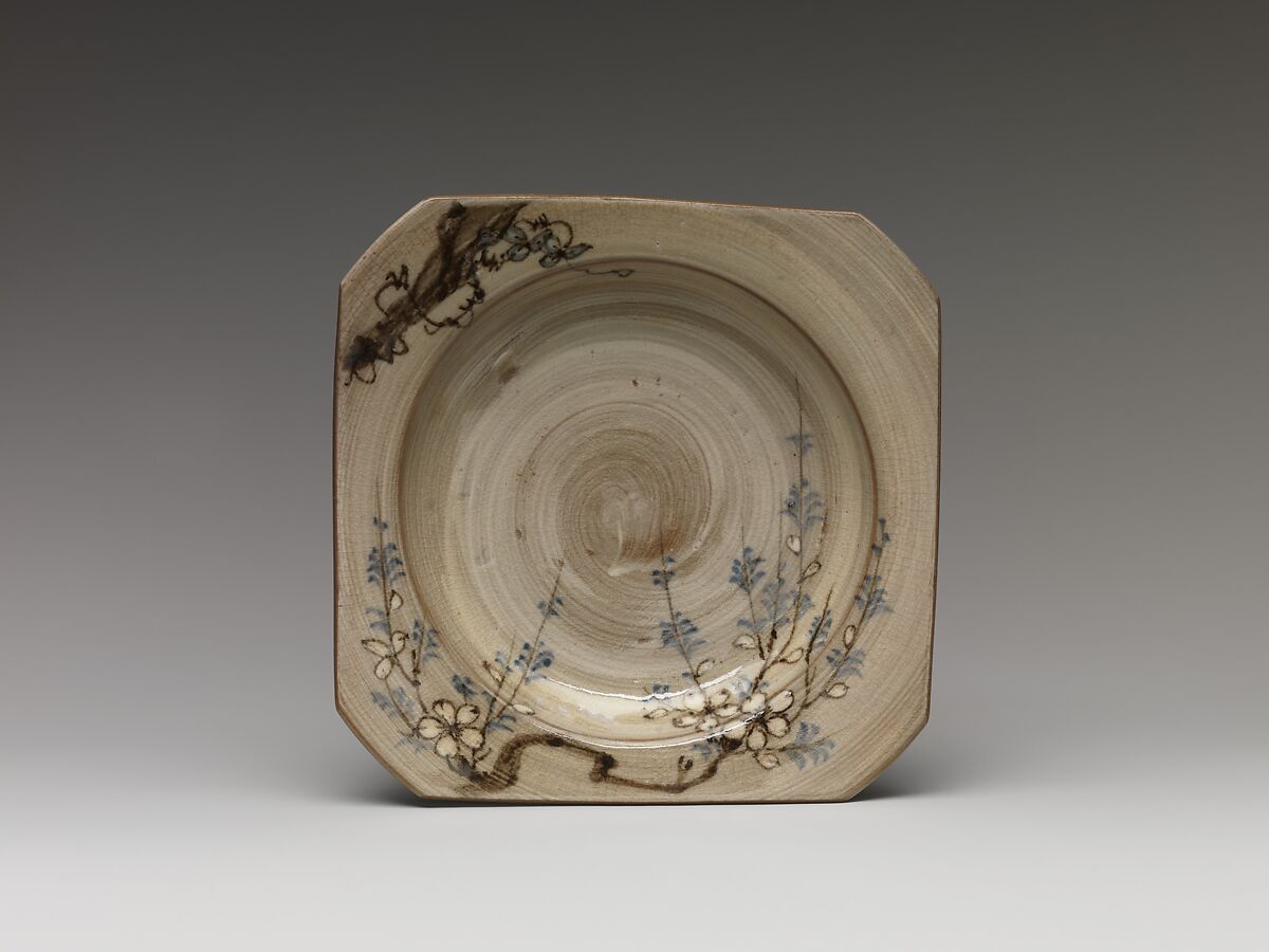 Square Dish with Decoration of Cherry Blossoms, Utsutsugawa ware; stoneware with cobalt-blue and iron-brown design over brushed slip, Japan 