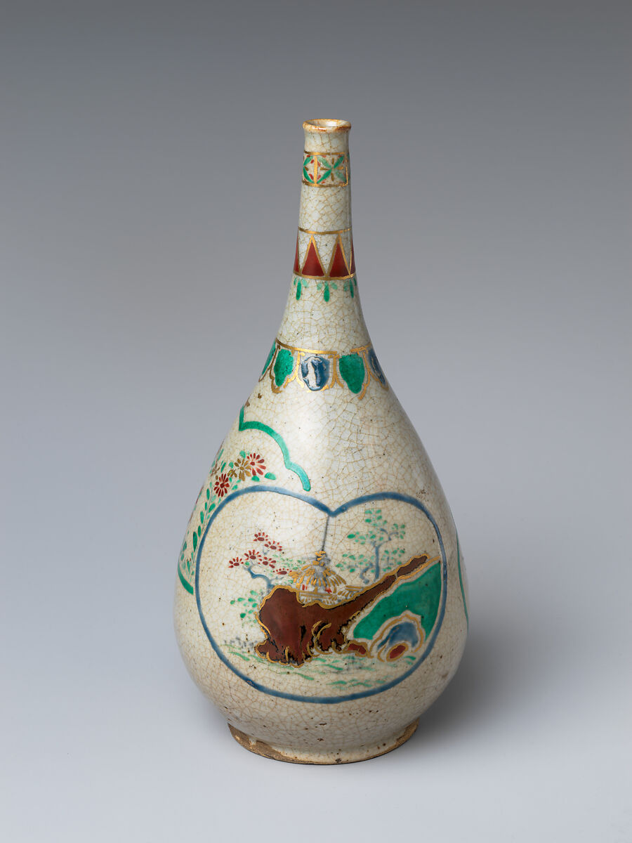 Wine bottle, Stoneware painted with polychrome enamels and underglaze blue (Kiyomizu ware), Japan