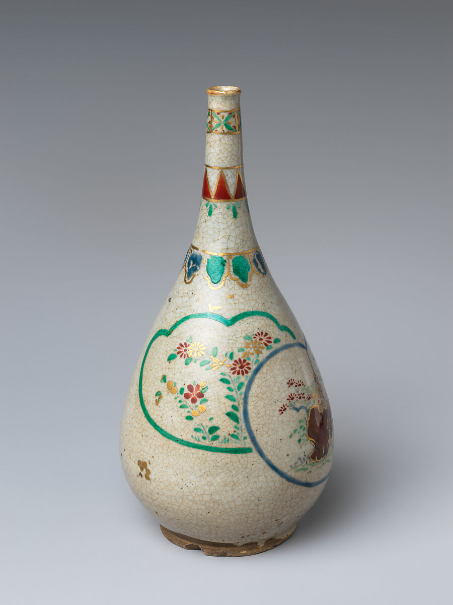 Wine bottle, Stoneware painted with polychrome enamels and underglaze blue (Kiyomizu ware), Japan