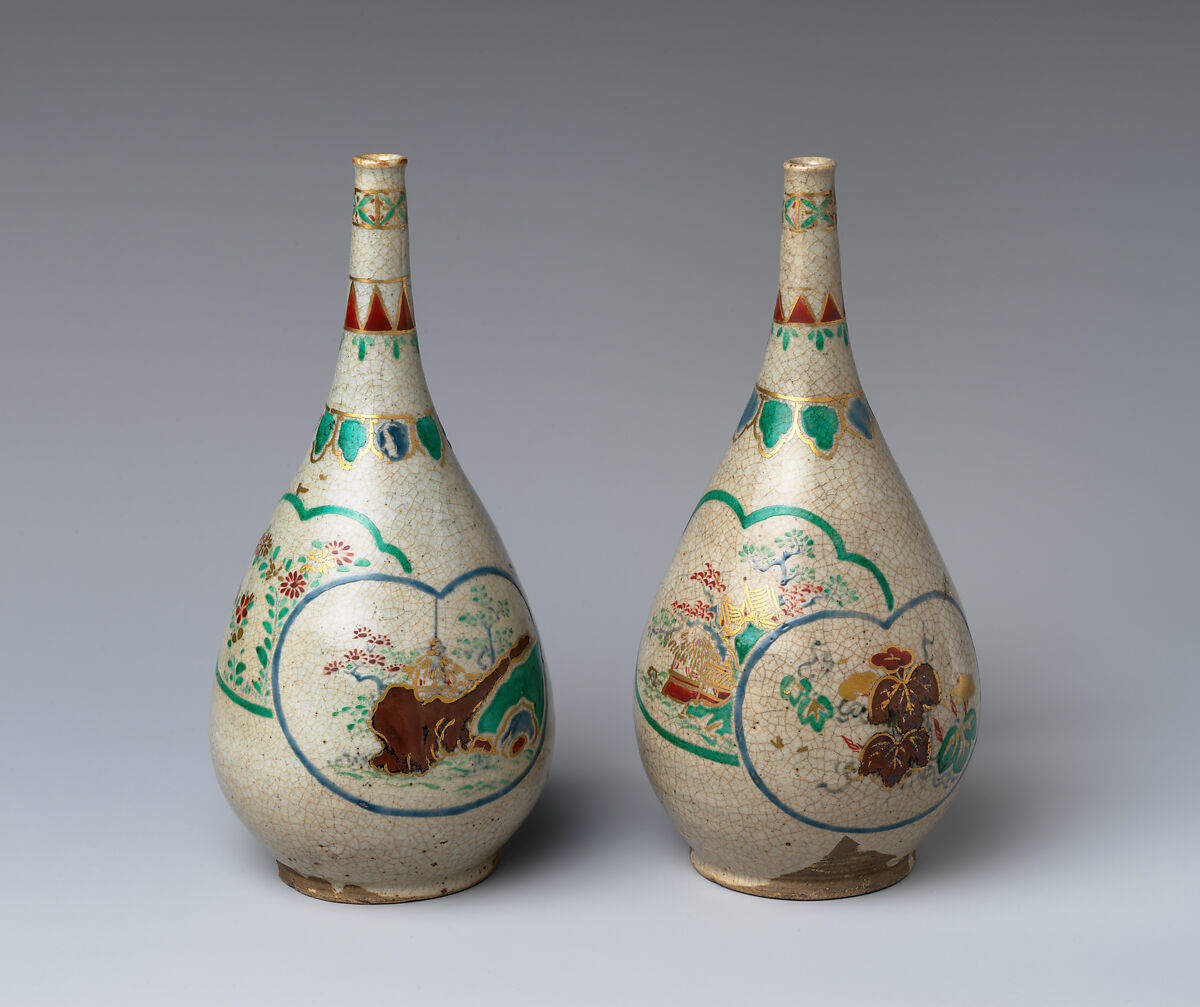 Wine bottle, Stoneware painted with polychrome enamels and underglaze blue (Kiyomizu ware), Japan