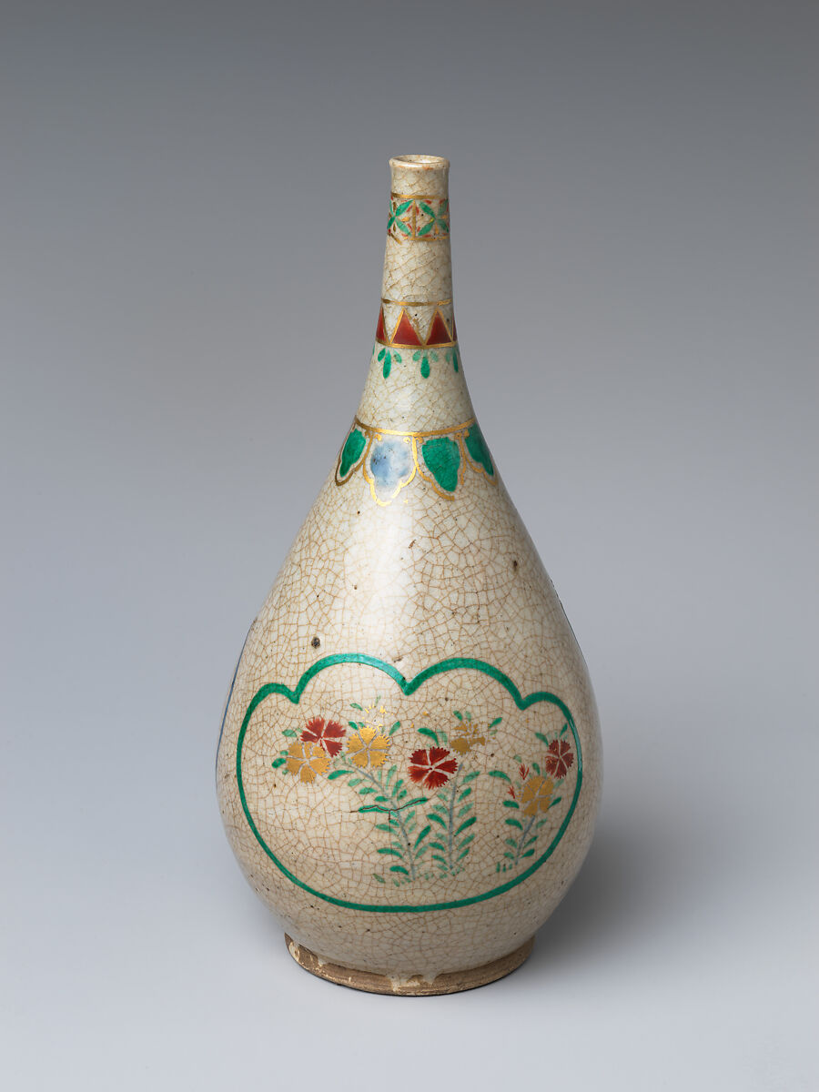 Wine bottle, Stoneware painted with polychrome enamels and underglaze blue (Kiyomizu ware), Japan