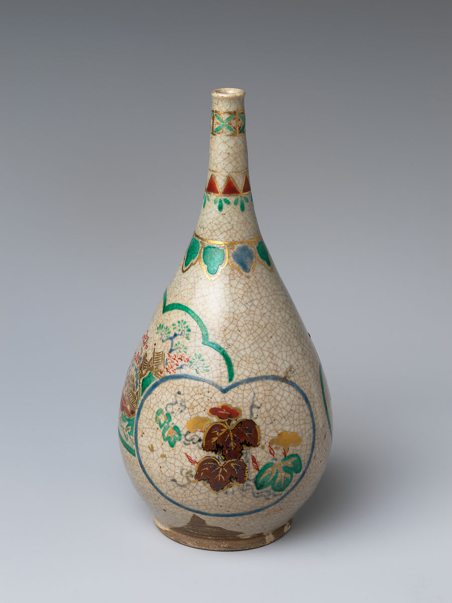 Wine bottle, Stoneware painted with polychrome enamels and underglaze blue (Kiyomizu ware), Japan