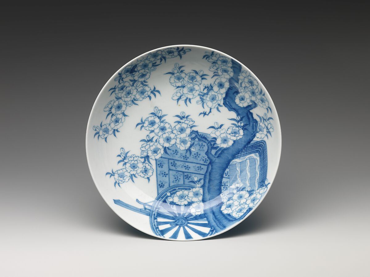 Dish with Court Carriage beneath a Cherry Tree, Porcelain with underglaze blue (Hizen ware, Nabeshima type), Japan 