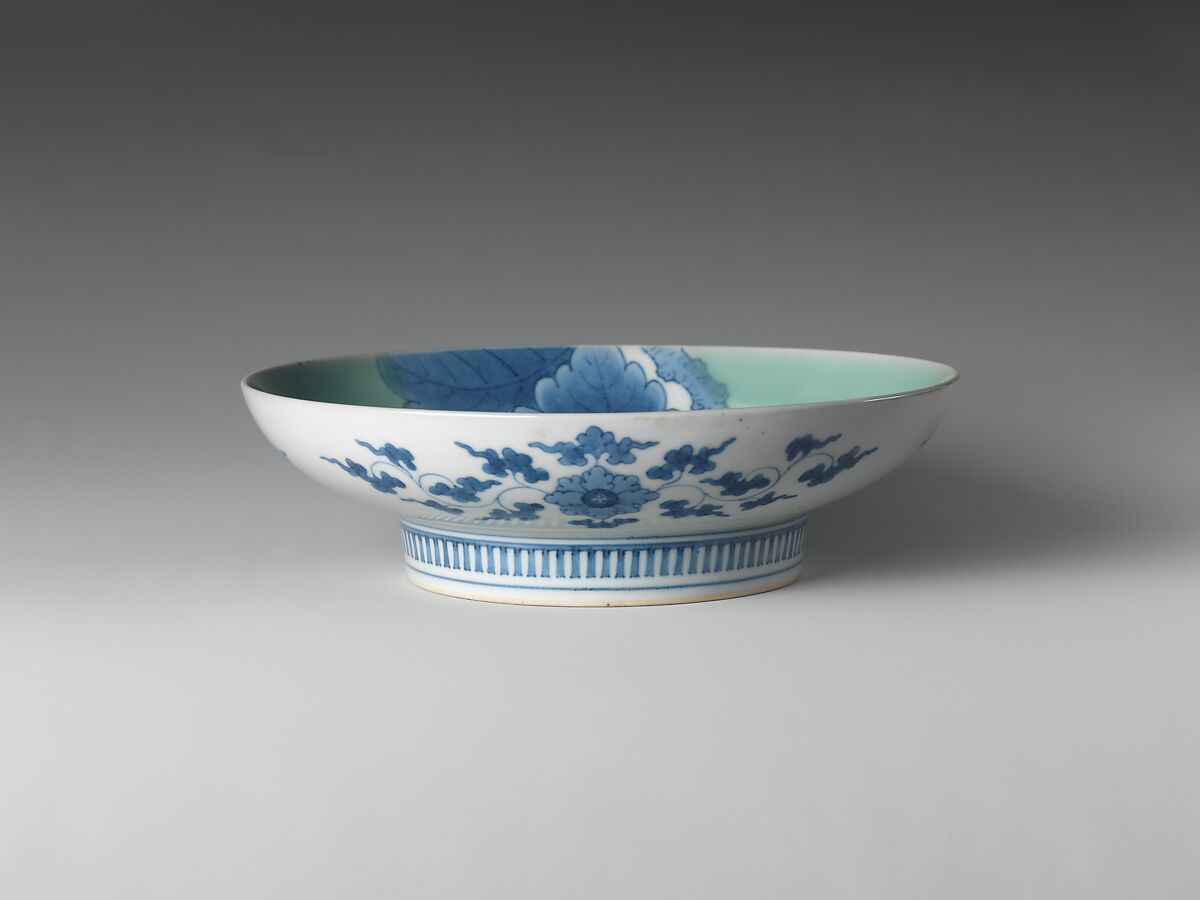 Dish with Chestnuts and Oak Leaves, Porcelain with celadon glaze and underglaze blue (Hizen ware, Nabeshima type), Japan