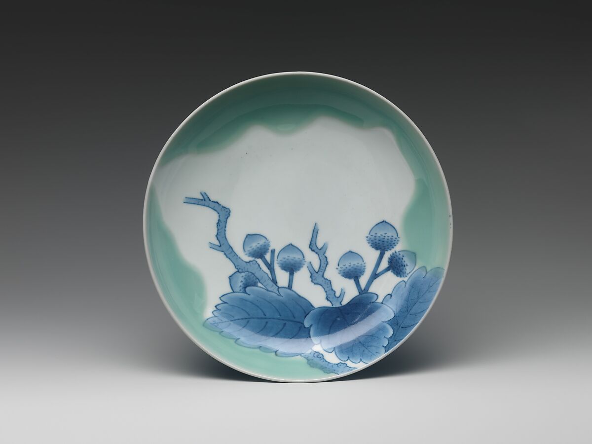 Dish with Chestnuts and Oak Leaves, Porcelain with celadon glaze and underglaze blue (Hizen ware, Nabeshima type), Japan 