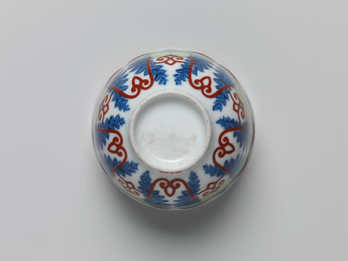 Food Cup (Choku) with Stylized Flowers and Foliate Scrolls, Porcelain with cobalt blue under transparent glaze and polychrome enamels over the glaze (Hizen ware, Nabeshima type), Japan