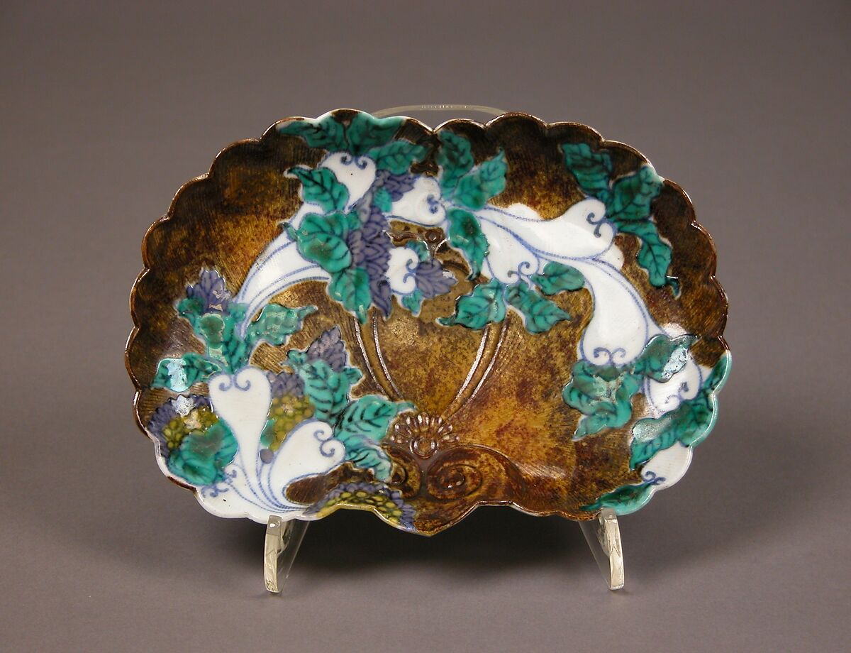 Dish with Design of Radishes, Porcelain with underglaze blue, yellow-brown glaze, and overglaze enamels (Hizen ware, Nabeshima type), Japan 
