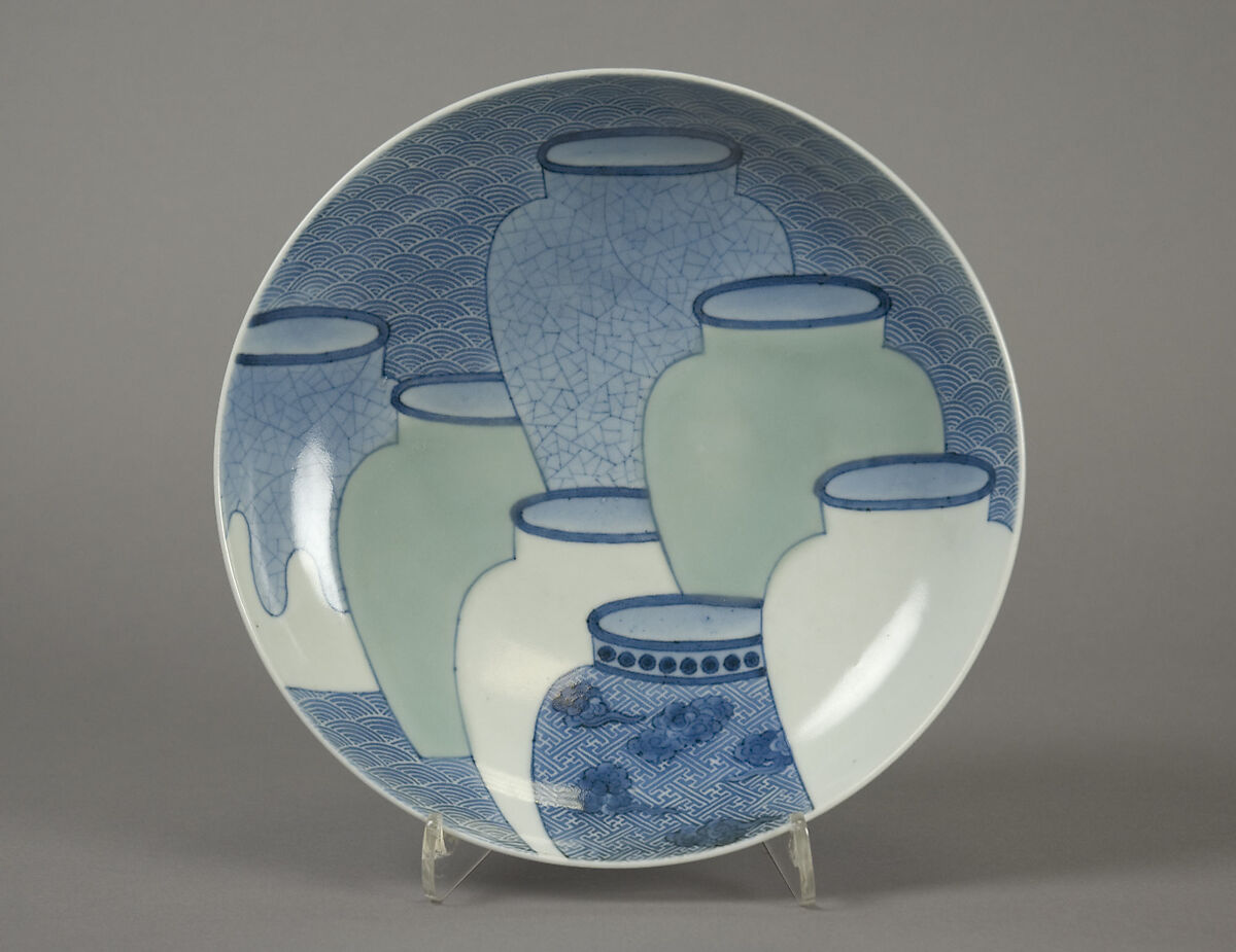 Dish with Design of Seven Jars, Porcelain with celadon glaze and underglaze blue (Hizen ware, Nabeshima type), Japan 