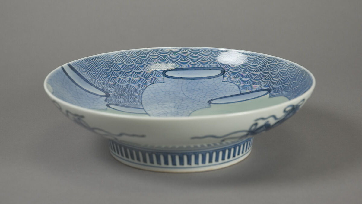 Dish with Design of Seven Jars, Porcelain with celadon glaze and underglaze blue (Hizen ware, Nabeshima type), Japan