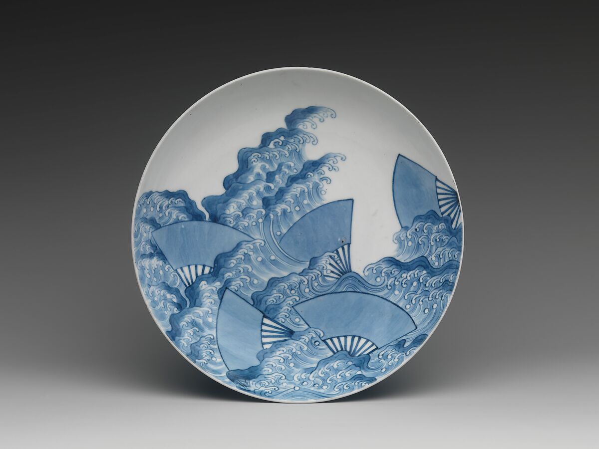 Dish with Fans Floating on a Stream, Porcelain with underglaze blue and overglaze enamels (Hizen ware, Nabeshima type), Japan 