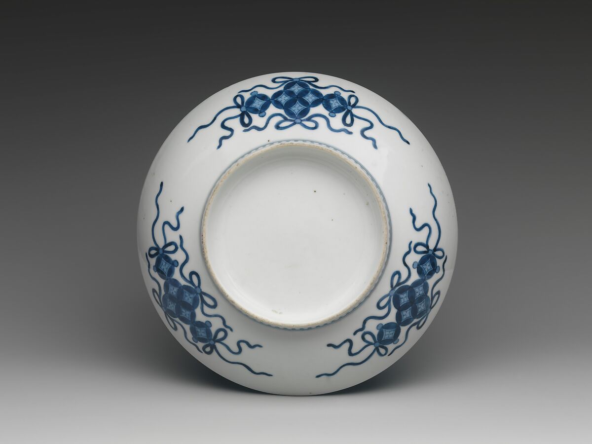 Dish with fans floating on a stream, Porcelain with cobalt blue under transparent glaze (Hizen ware, Nabeshima type), Japan