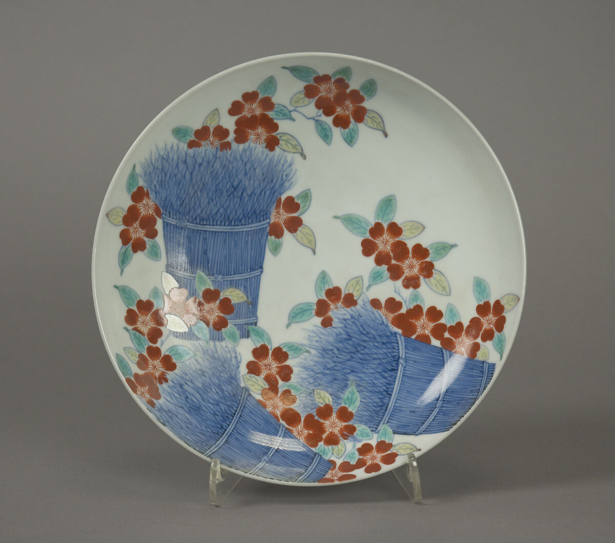 Dish with Cherry Blossoms and Bundles of Brushwood, Porcelain with underglaze blue and overglaze polychrome enamels (Hizen ware, Nabeshima type), Japan 