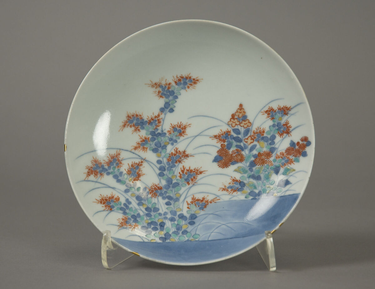 Small Dish with Design of Chrysanthemums and Autumn Grasses, Porcelain with blue underglaze and overglaze in red, green, and yellow (Nabeshima ware), Japan 