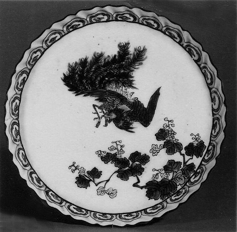 Dish with Phoenix and Flowering Branch Design, Porcelain with polychrome overglaze enamels; fuku mark inside footring (Ko Kutani ware), Japan 