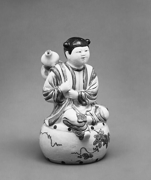 Water Dropper in the Shape of a Youth Seated on a Drum and Holding a Gourd on His Back, Porcelain decorated with overglaze enamel colors (Arita ware, Kakiemon style), Japan 