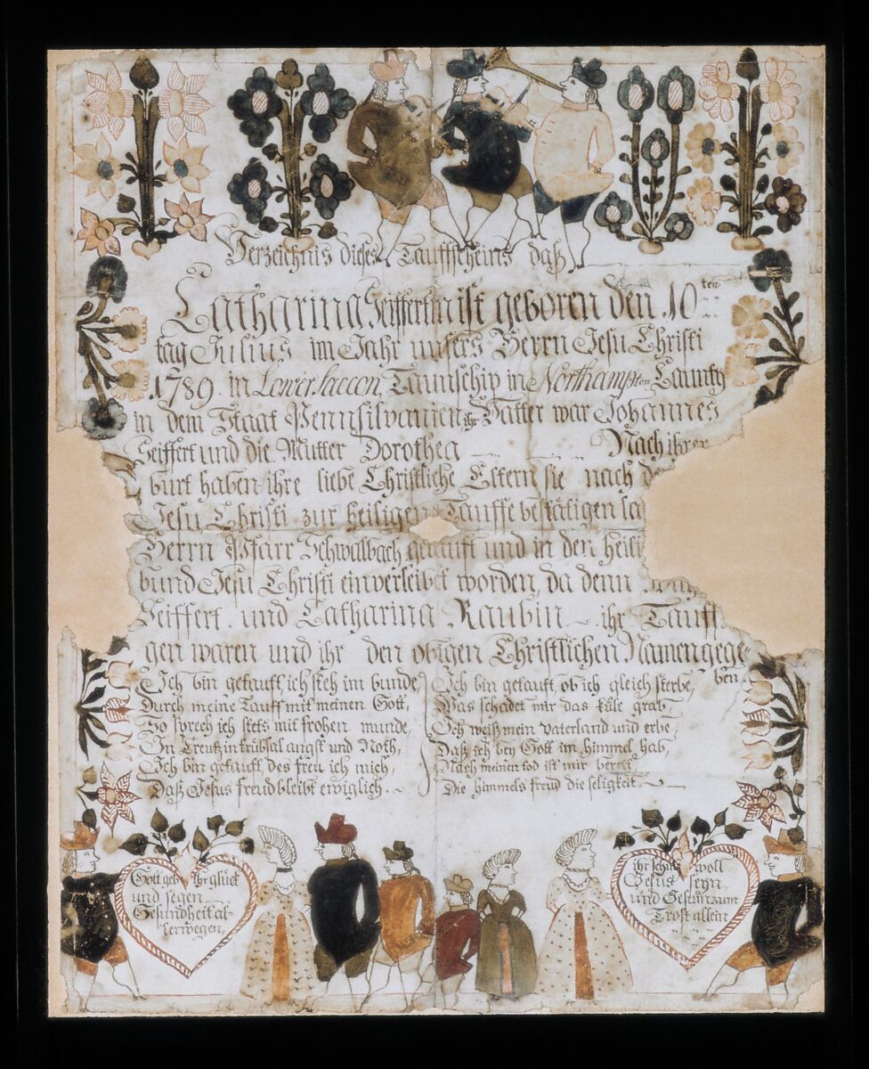 Birth and Baptismal Certificate, Ink and watercolor on paper, American