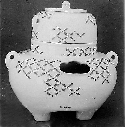 Clove Boiler, White porcelain with relief pattern and blue under the glaze decoration, which gives the appearance of blue enamel (Hirado ware), Japan 