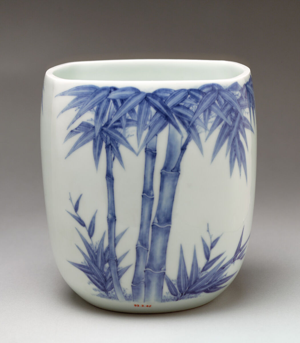 Water Jar (Mizusashi) with Bamboo, Porcelain painted with cobalt blue under a transparent glaze (Hirado ware), Japan 