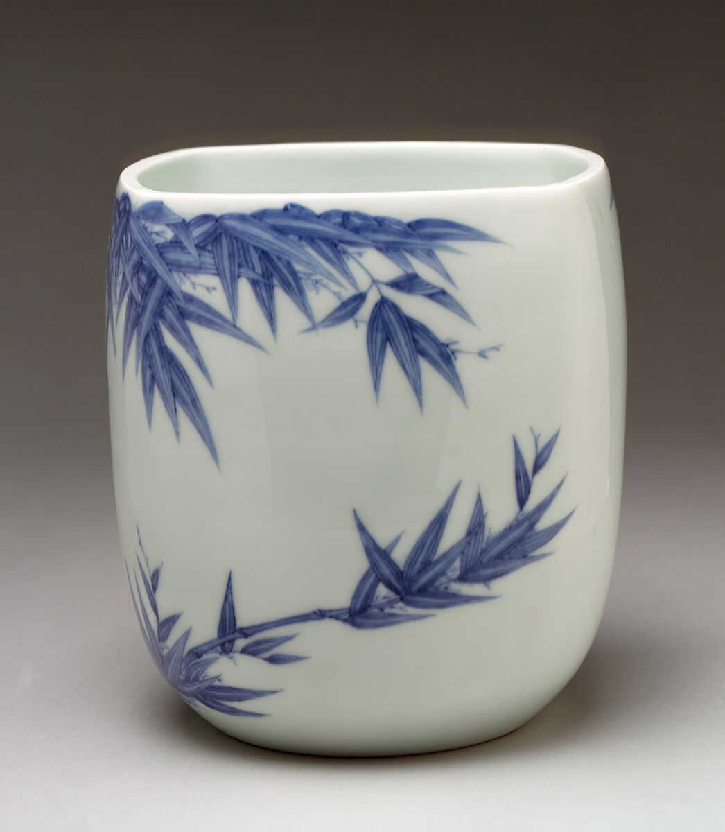 Freshwater Jar (Mizusashi) with Bamboo, Porcelain with cobalt blue under a transparent glaze (Hirado ware), Japan