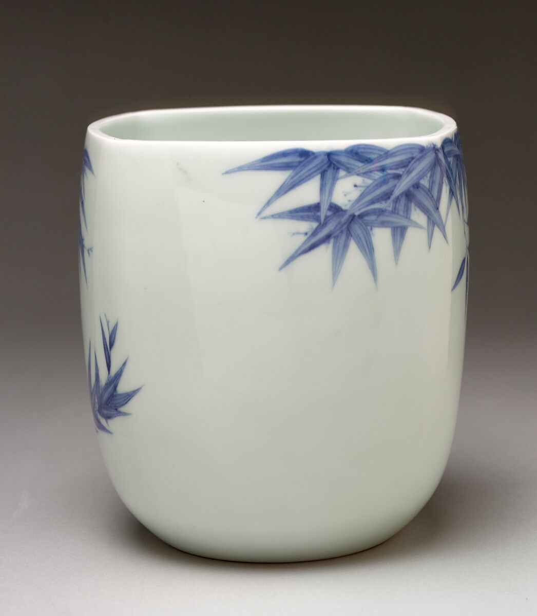 Freshwater Jar (Mizusashi) with Bamboo, Porcelain with cobalt blue under a transparent glaze (Hirado ware), Japan