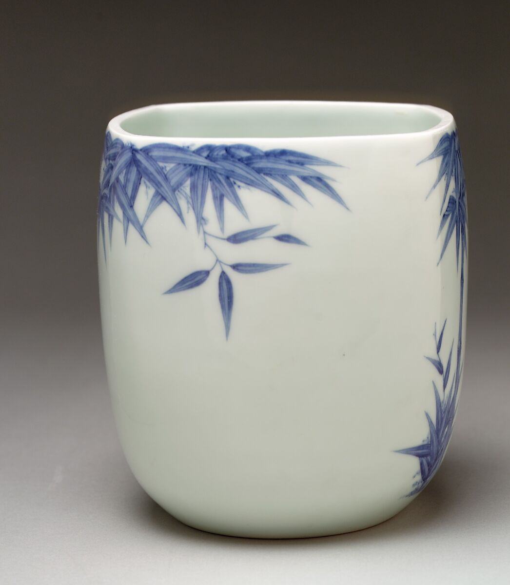 Freshwater Jar (Mizusashi) with Bamboo, Porcelain with cobalt blue under a transparent glaze (Hirado ware), Japan