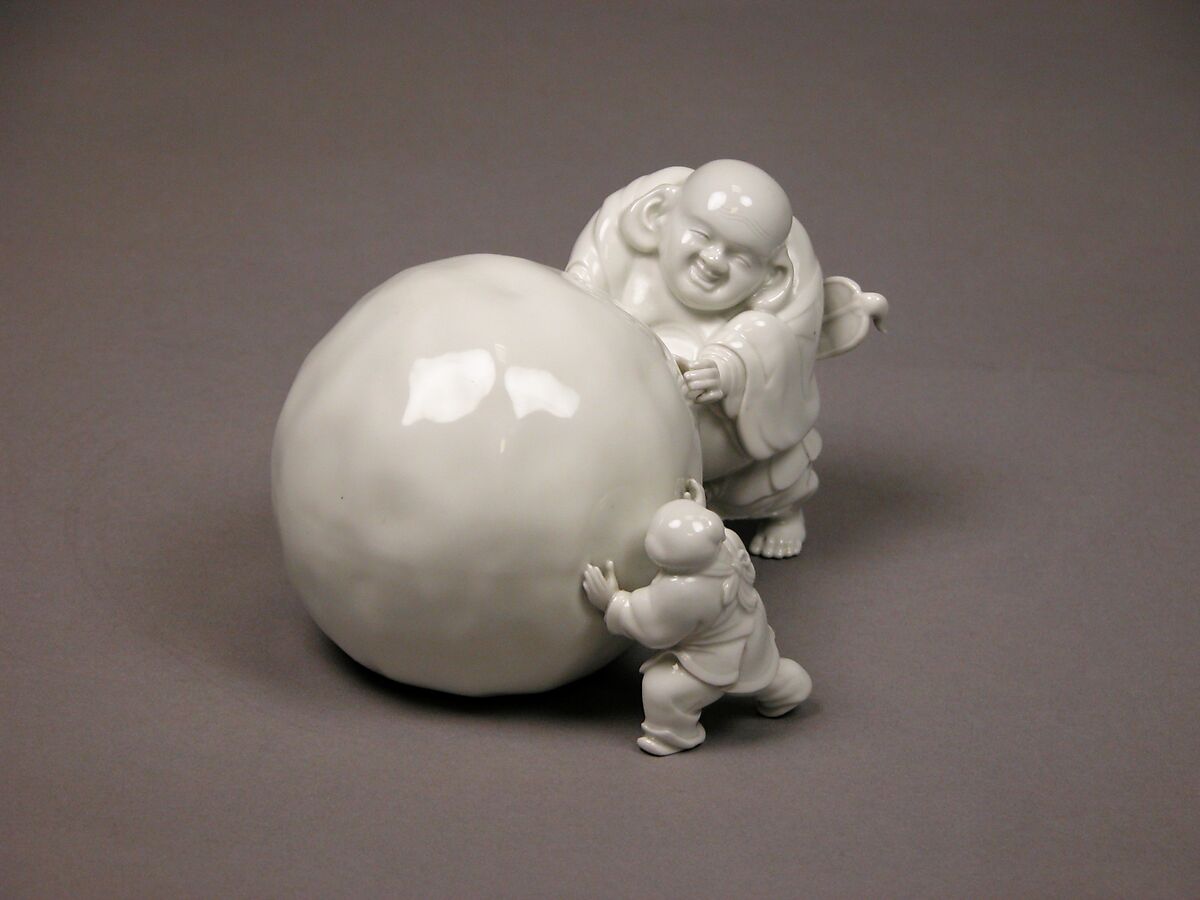 Snowball Pushed by Hotei and a Child, White porcelain (Hirado ware), Japan