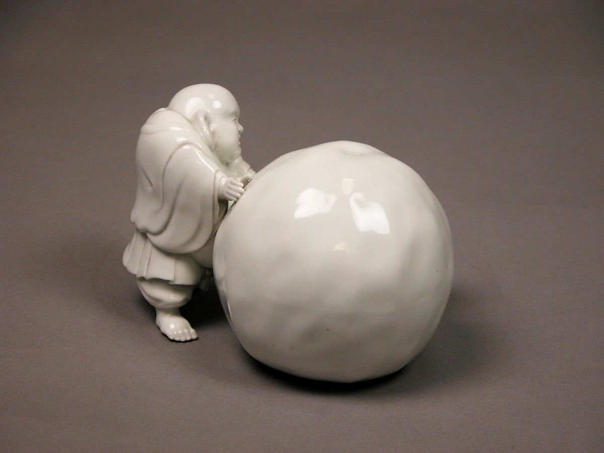 Snowball Pushed by Hotei and a Child, White porcelain (Hirado ware), Japan