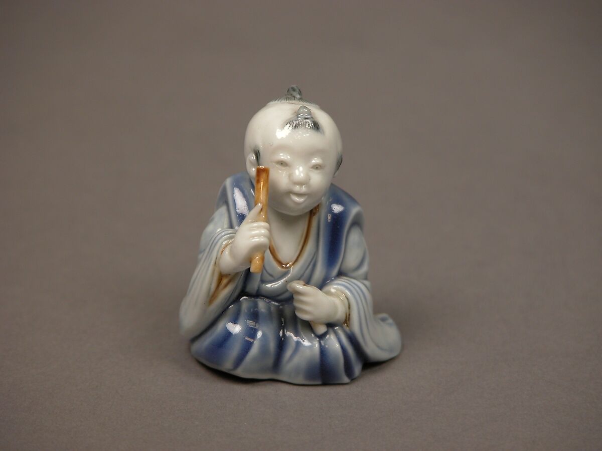 Chinese child with musical instrument, Porcelain with underglaze blue and iron decoration (Hirado ware), Japan