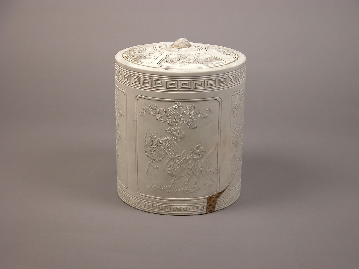 Water Jar with Dragon, Mount Fuji, Kirin, Cockerels, and Auspicious Motifs, White biscuit earthenware decorated in relief (Hirado ware), Japan