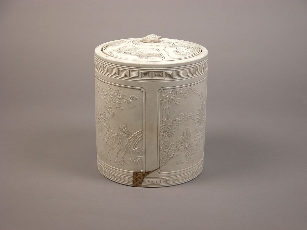 Water Jar with Dragon, Mount Fuji, Kirin, Cockerels, and Auspicious Motifs, White biscuit earthenware decorated in relief (Hirado ware), Japan