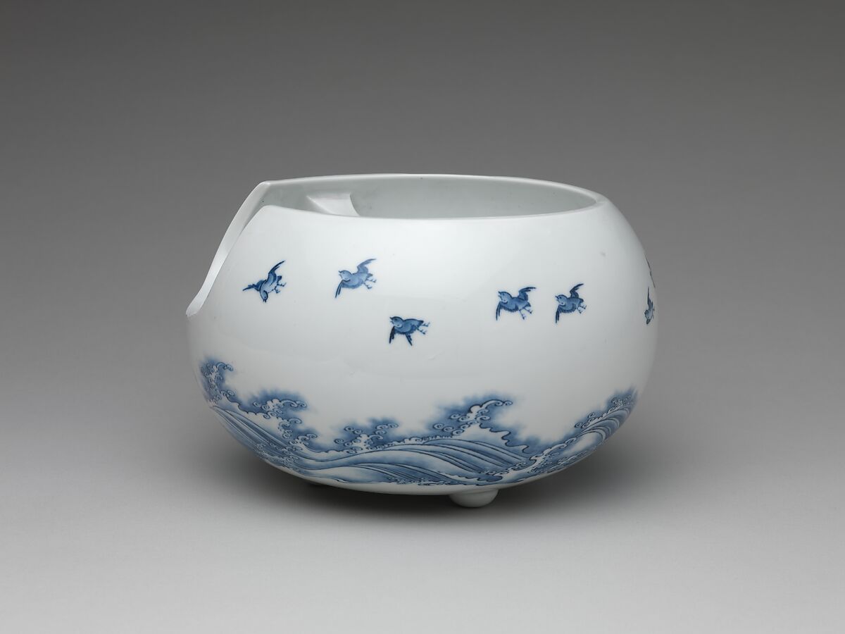 Teapot and Brazier with Design of Birds Flying over Waves, Porcelain with underglaze blue (Hirado ware), Japan