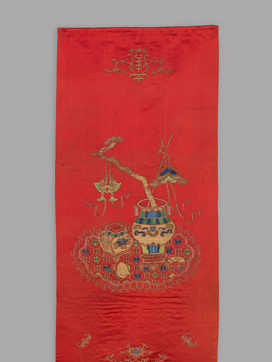 Chair Strip with Antiquities, Silk and metal thread embroidery on silk satin, China