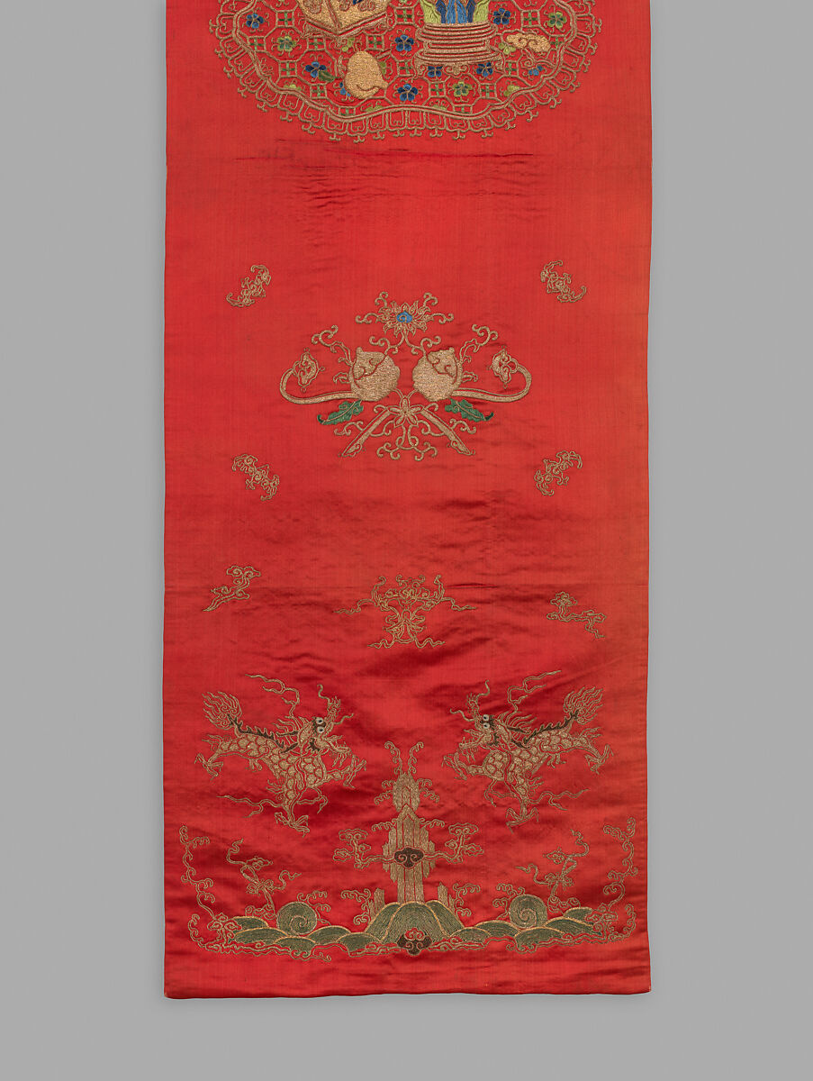 Chair Strip with Antiquities, Silk and metal thread embroidery on silk satin, China