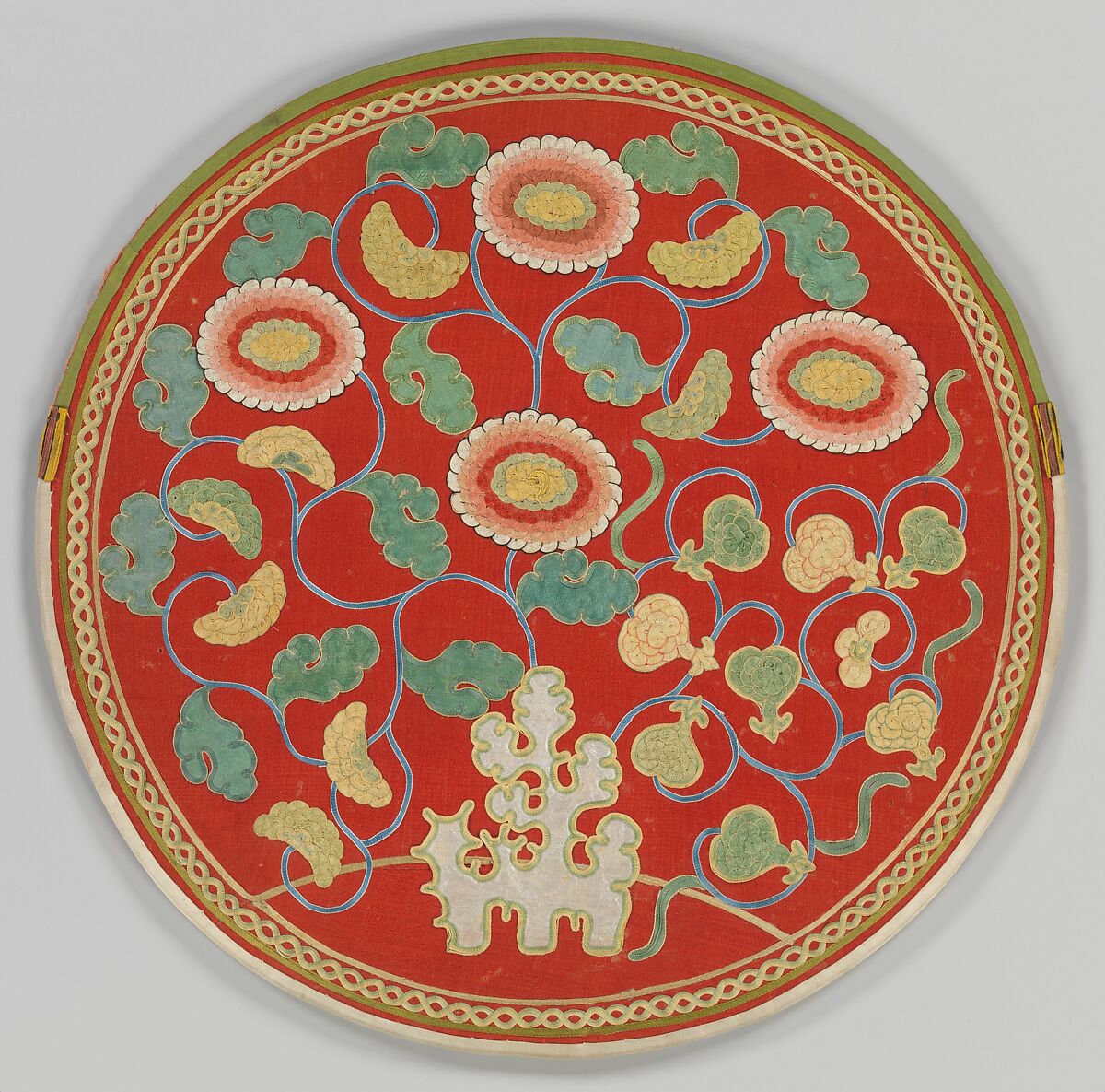 Mirror Case with Pattern of Rock, Chrysanthemums, and Pomegranates, Silk threads applied to plain-weave silk crepe, China