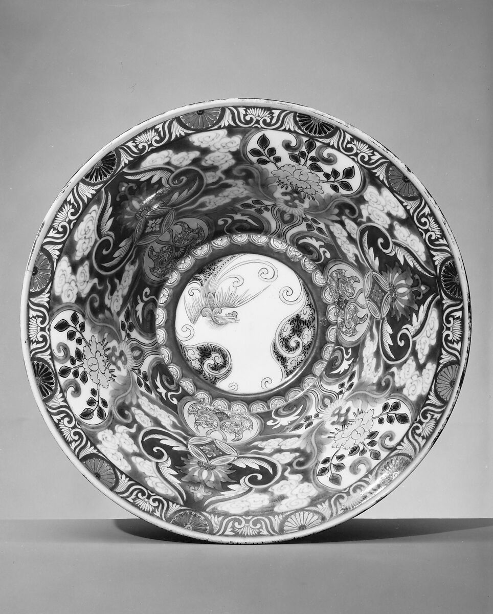 Bowl, White porcelain decorated with blue under the glaze, iron red and gold, green, yellow, purple and black enamels (Arita ware), Japan