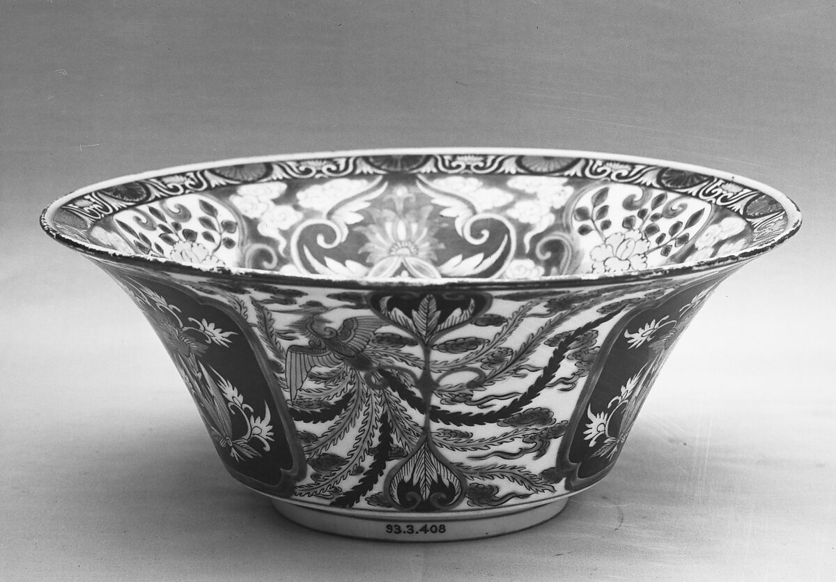 Bowl, White porcelain decorated with blue under the glaze, iron red and gold, green, yellow, purple and black enamels (Arita ware), Japan 