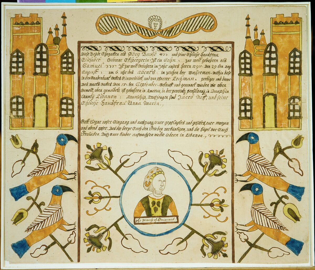 Birth and Baptismal Certificate, Watercolor and iron gall ink on off-white laid paper, American 