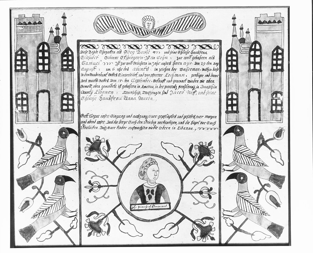 Birth and Baptismal Certificate, Watercolor and iron gall ink on off-white laid paper, American